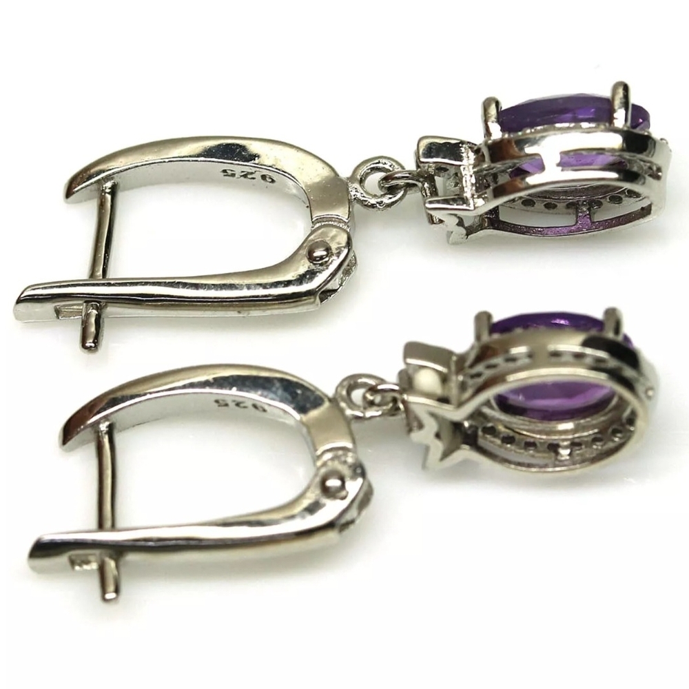 Elegant Sterling Silver Genuine Amethyst Huggie Dangle Earrings!♡ - Picture 3 of 3